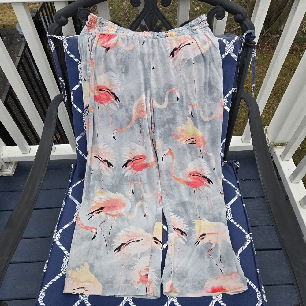 SOMA Cool Nights Flamingo Print Wide Leg Cropped Pajama Bottoms Blue/Gray Small